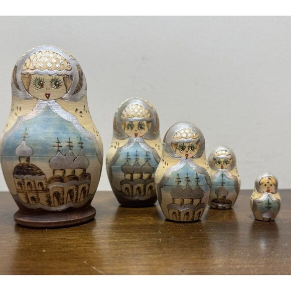 Other - Vintage Hand Painted Russian Matryoshka 5 Piece Set 4.75“ Nesting Dolls  Signed